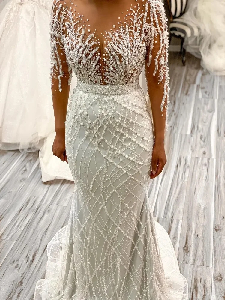 African Mermaid Wedding Dresses With Detachable Tulle Train Heavy Handwork Sequins Beads Women Lace Applique Bride Gown Robe De Mariage