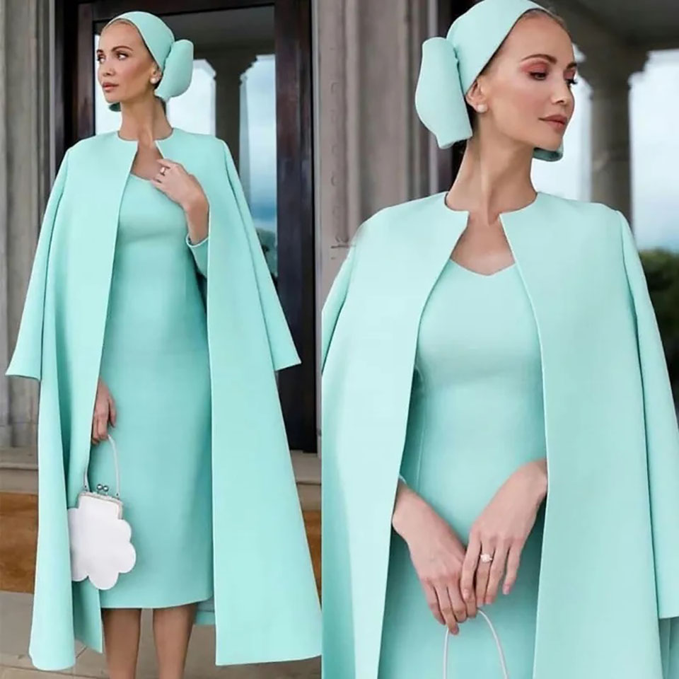 Mother of the Bride Dress, Satin Two Piece Long Sleeve Formal Gown with Jacket, Tea Length, Custom Made, Light Yellow