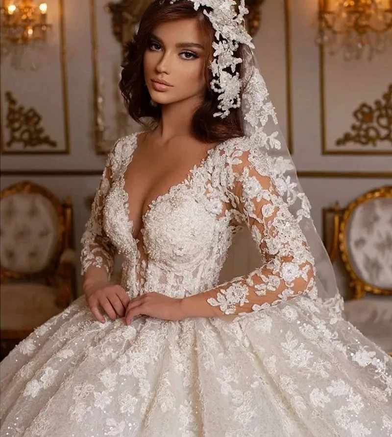 Wedding Lace Dresses Princess Ball Gown Beading Bridal Gowns Shinny Tulle Long Sleeves Ivory Dubai Vestidos Novia Robe De Mariage s
