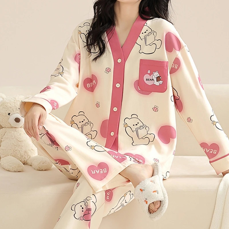 Womens Sleepwear SUKAE Black Roses Autumn Winter Kimono Casual Vneck Lapel Pajamas Sets Full Pjs Cotton Long Sleeves Homesuits 231025