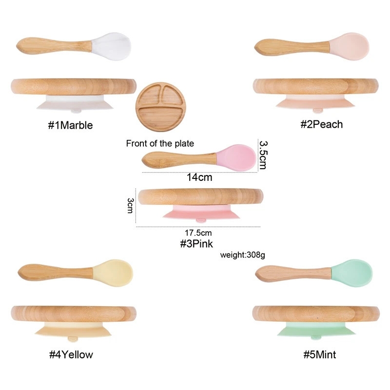 Cups Dishes Utensils 2Pcs Baby Wooden Partition Feeding Tableware Set Toddles Soild Food Feeding Spoon Dish Plate with Suction Cup Children's Stu