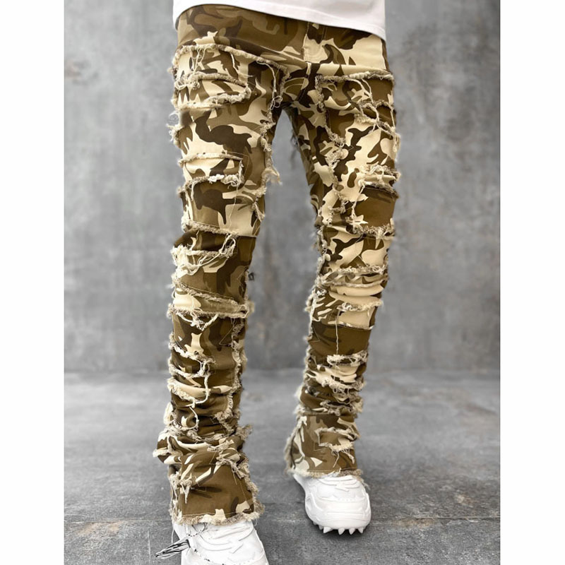 Men's Jeans Regular Fit Stacked Patch Distressed Destroyed Straight Denim Pants Streetwear Clothes Casual Jean