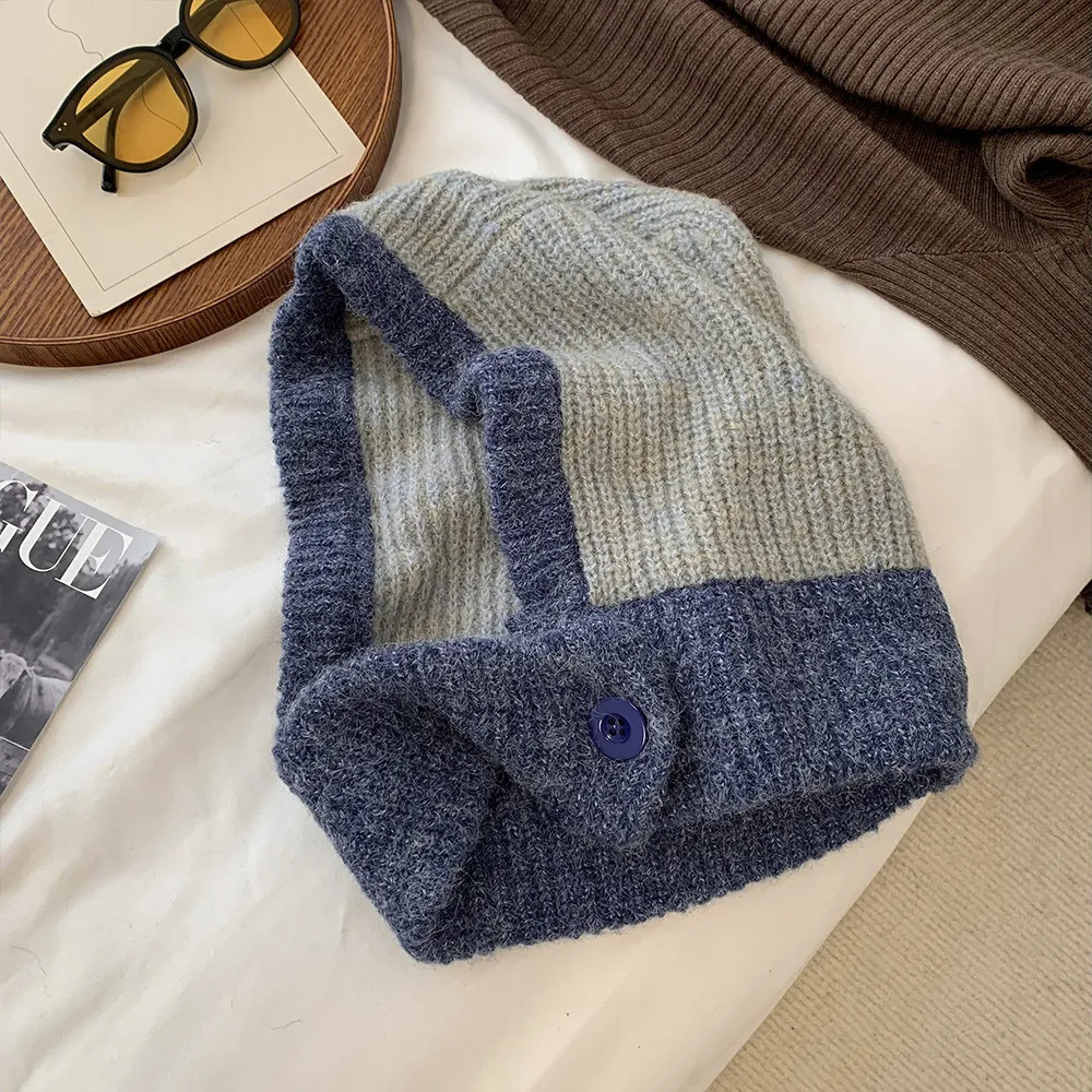 Beanie Skull Caps Cycling Masks Japanese Retro Balaclava Hat Women Scarf Winter and Neck Cold Proof Warm Knit Cap Female Fashion Color Matching Women 