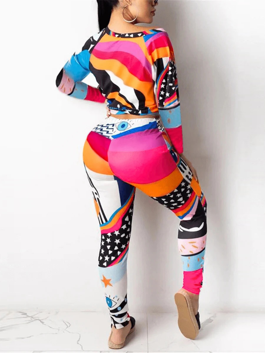 Women s Two Piece Pants LW Plus Size Women Printed Slim Set Eye Star Mixed Print Round Neck Daily Casual Long Sleeve Matching 231025