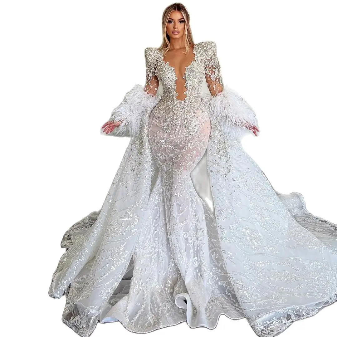 Sexy White Wedding Dresses Luxury Wedding Gowns Deep V Neck Full Sleeve Customized Bridal Gown Removable Overskirt