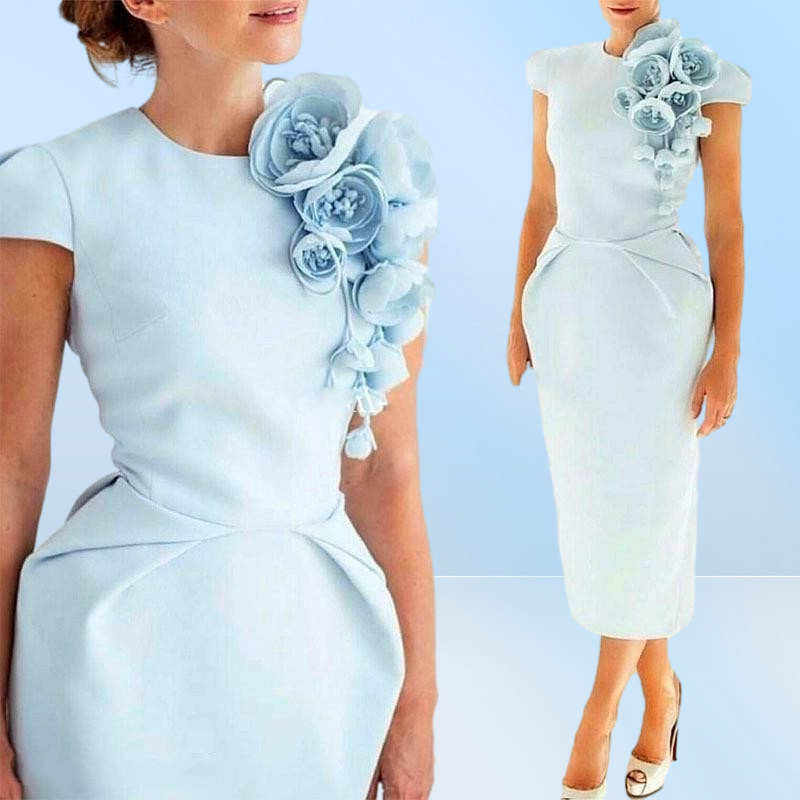 Sky Be Ps Size MOTHER Of The Bride Dresses Jewel Neck Cap Sleeves Tea Length Flowers Ps Size Dress Wedding Guest Gowns