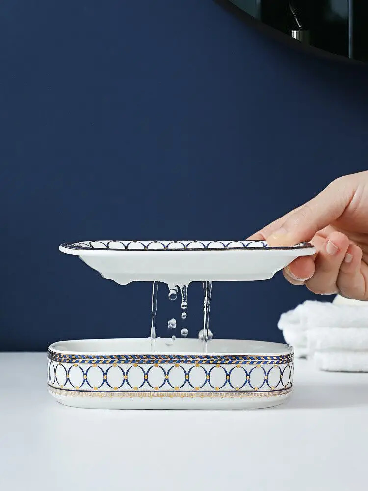 Soap Dishes Nordic Home And el Gold Inlay Double Layer Soap Holder Bathroom Ceramic Soap Dish With Drain Porte Savon 231024