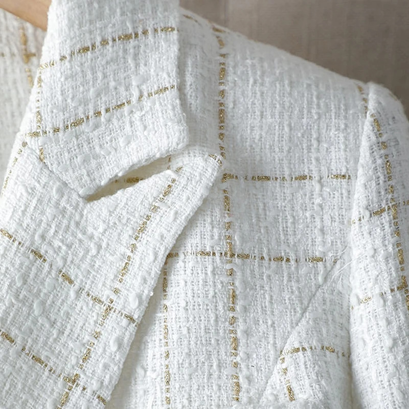 Womens Suits Blazers Tweed White Plaid Longsleeved Top Jacket Autumn and Winter Korean Style Fashionable Elegant Loose Casual Suit 231025