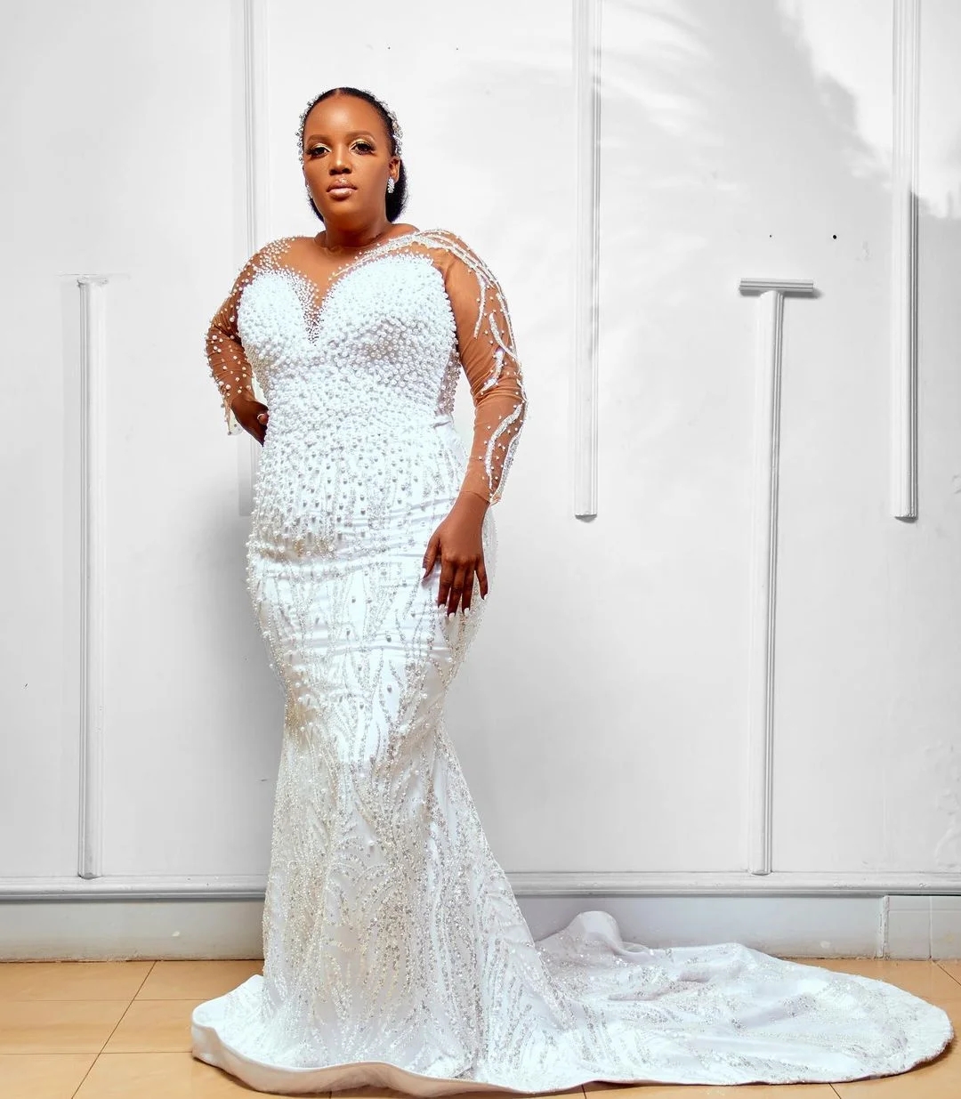 Mermaid African Women Wedding Dress Long Illusion Sleeves Pearls Sequin Lace Satin Bridal Gowns Vestidos De Noiva Abiti Da Sposa