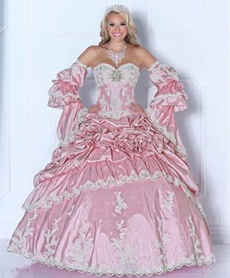 Princess Pink Sweetheart Quinceanera Dresses With Detachable Bell Long Sleeves Lace Appliques Ruched Corset Long Vintage Prom Sweet 16 Dress Girls Bri