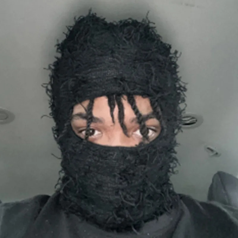 Beanie Skull Caps Balaclava Beanies Men Hat for Outdoor Camouflage Fleece Fuzzy Y2K Ski Hip Pop Distressed Knitted Full Face Mask 2023 231025