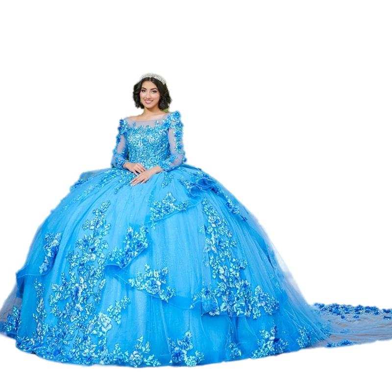 Gorgeous Princess Quinceanera Dresses Long Sleeve 3D Floral Lace Appliques Ball Gown Sweet 15 Girls Dress Blue Tulle Brithday Prom Special Occasion Go