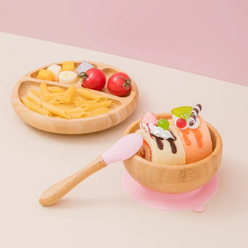 Cups Dishes Utensils 2Pcs Baby Wooden Partition Feeding Tableware Set Toddles Soild Food Feeding Spoon Dish Plate with Suction Cup Children's Stu