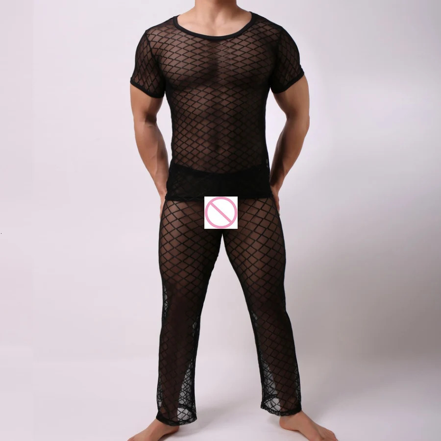 Men's Sleepwear Pajamas sleep set for men pijamas hombre perspective nightwear mesh sleepwear ropa interior hombre gay underwear sommeil top B01 