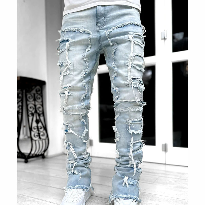 Men's Jeans Regular Fit Stacked Patch Distressed Destroyed Straight Denim Pants Streetwear Clothes Casual Jean