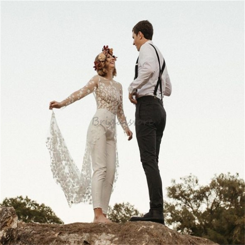 Fairy Gatsby Jumpsuit Wedding Dress With Skirt See Through Lace Boho Beach Pantsuit Bridal Dress 2024 Celtic Forest Garden Bride Vestido De Noiva Casa