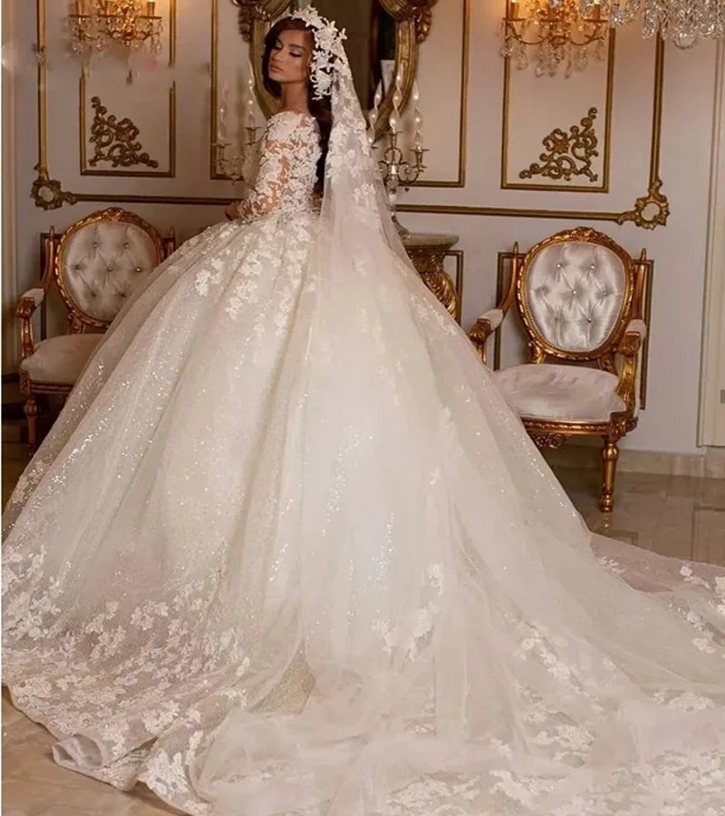 Wedding Lace Dresses Princess Ball Gown Beading Bridal Gowns Shinny Tulle Long Sleeves Ivory Dubai Vestidos Novia Robe De Mariage s