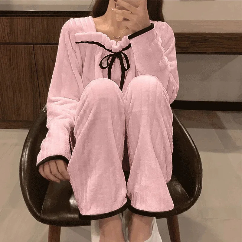 Womens Sleepwear Square Collar Women Pajamas Set Winter Fleece Velvet 2 Piece Pant Home Suit Fluffy Korean Solid Piiama Warm Night Wear 231025