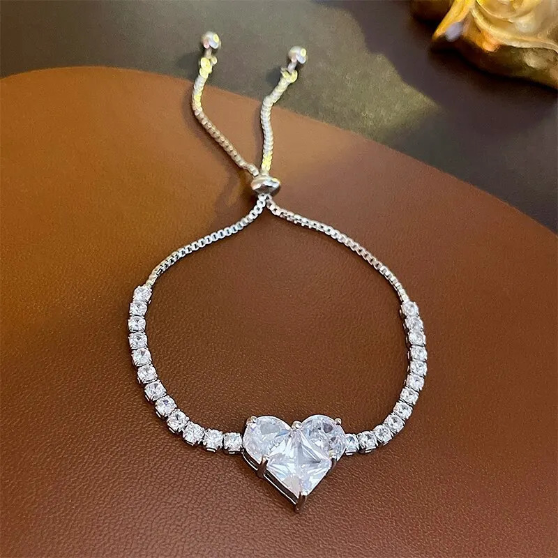 Charm Bracelets Inlaid Square Zircon Chain Bracelet For Women White Pink Love Heart Bangles Wristband Jewelry Gift Girl 231025