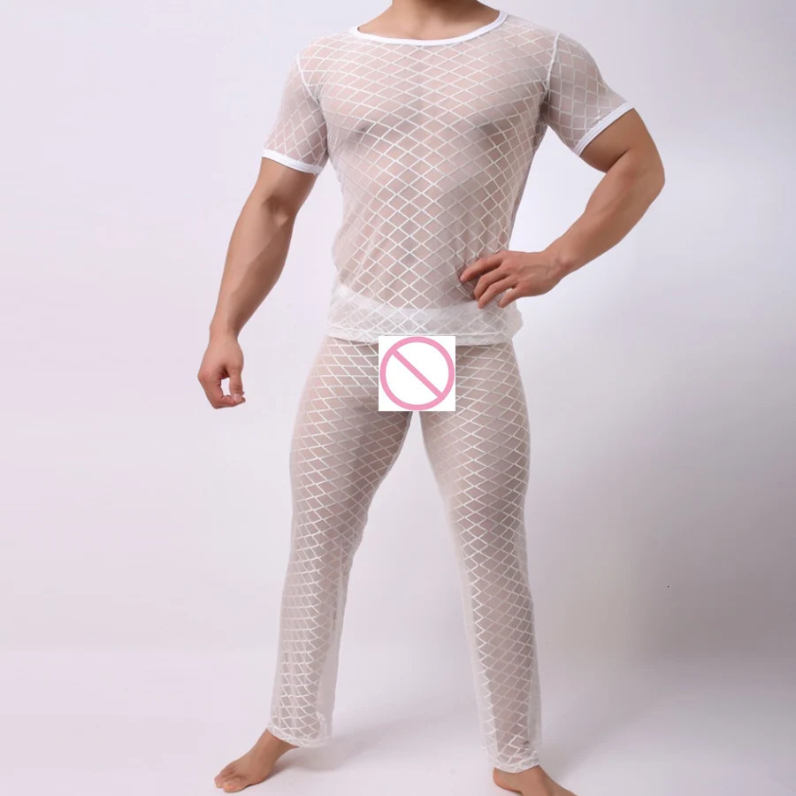Men's Sleepwear Pajamas sleep set for men pijamas hombre perspective nightwear mesh sleepwear ropa interior hombre gay underwear sommeil top B01 