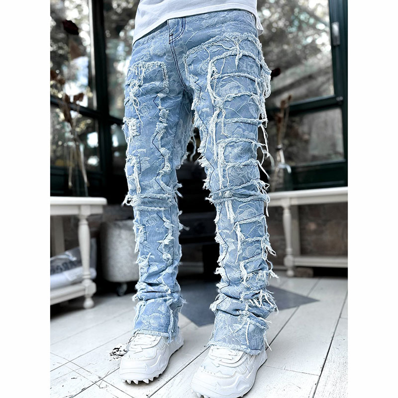 Men's Jeans Regular Fit Stacked Patch Distressed Destroyed Straight Denim Pants Streetwear Clothes Casual Jean