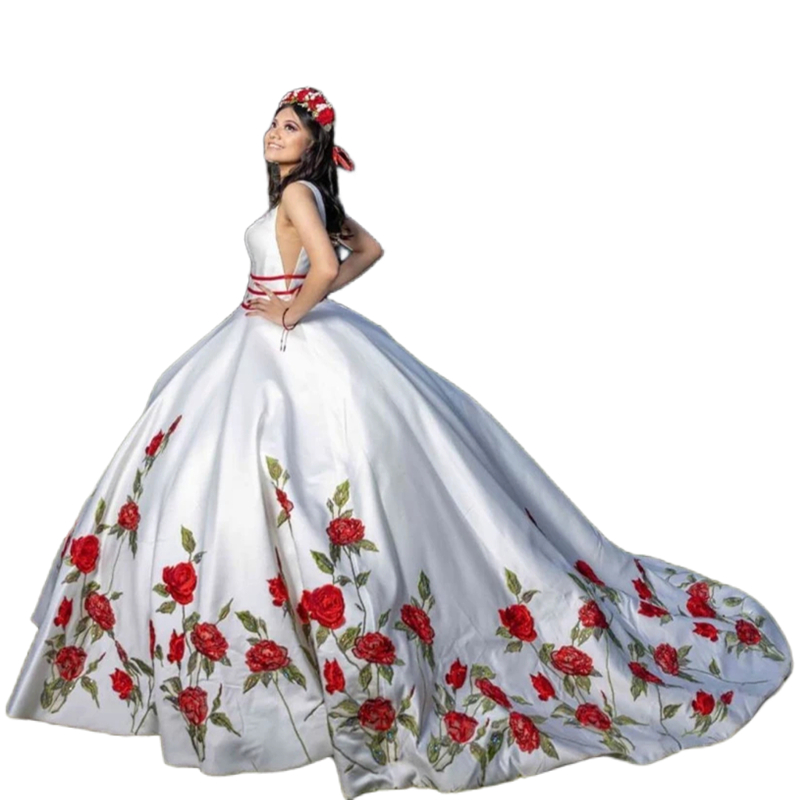 Luxury Mexican Quinceanera Dresses Embroidery Red Rose Flower V-Neck White Satin Ball Gown Prom Brithday Dress For 16 Girls 2024 Formal Party Gowns