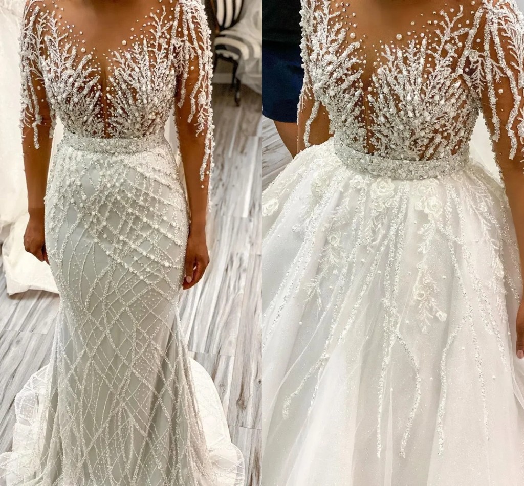 African Mermaid Wedding Dresses With Detachable Tulle Train Heavy Handwork Sequins Beads Women Lace Applique Bride Gown Robe De Mariage