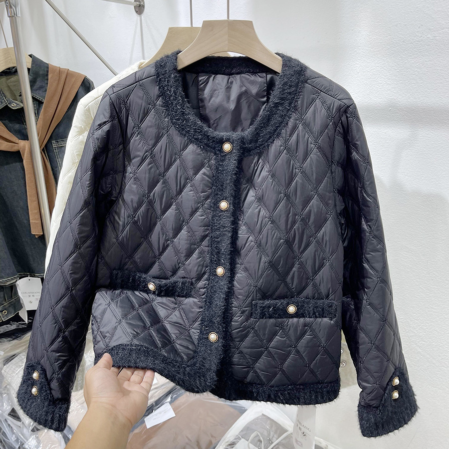 2023 Autumn New C Diamond Grid Mink Wool Splice Small Fragrance Cotton Coat Women's Short Lightweight Cotton Coat Coat