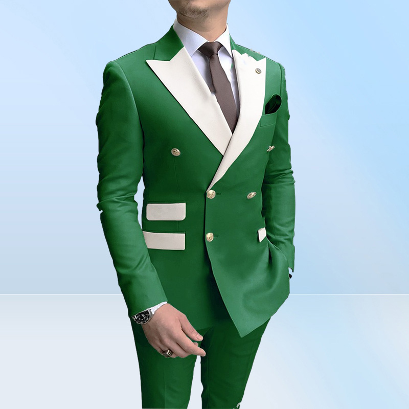 Double Breasted Men Suits Light Green and White Groom Tuxedos Peak Lapel Groomsmen WeddingProm Man 2 Pieces JacketPantsT