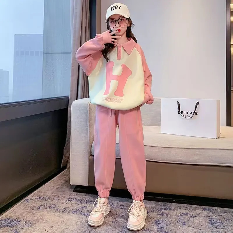 Clothing Sets Girl Autumn Sports Suit Children Lapel Letter Long Sleeve Loose Pants 2pcs Kids Sportswear Teenage Outfit Set 514T 231025
