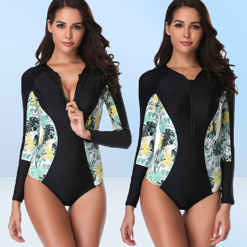 Women One Piece Long Sleeve Rashguard Wetsuit Bohemian Tropical Floral Patchwork Swimsuit Zip Front Surfing Beachwear
