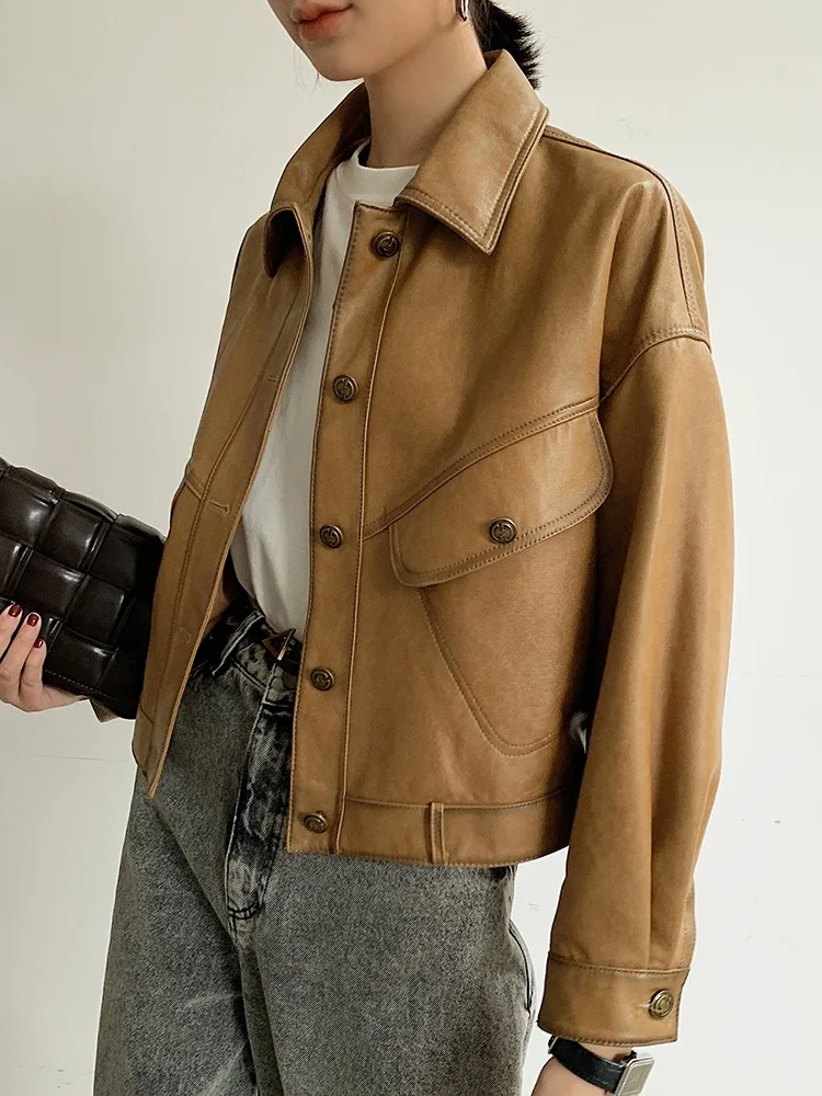 0C41N581 Genuine Leather Women's Coats Short Style Casual Versatile Jacket Spring and Autumn Appear Thin Motorcycle Sheepskin