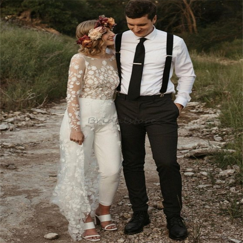 Fairy Gatsby Jumpsuit Wedding Dress With Skirt See Through Lace Boho Beach Pantsuit Bridal Dress 2024 Celtic Forest Garden Bride Vestido De Noiva Casa