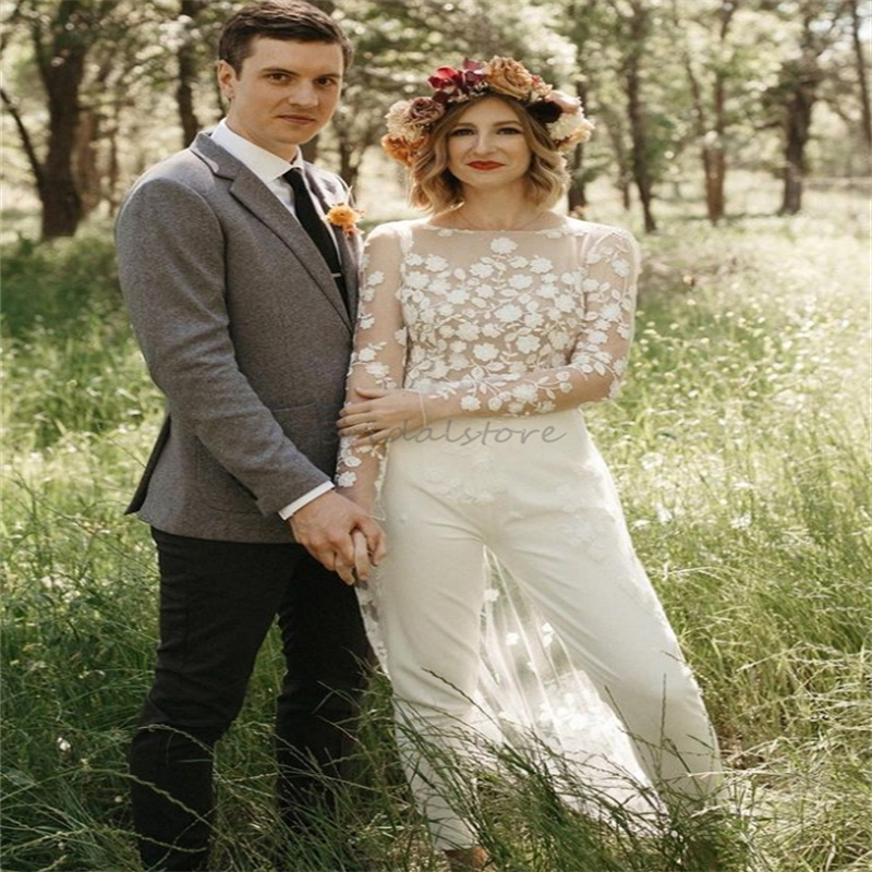 Fairy Gatsby Jumpsuit Wedding Dress With Skirt See Through Lace Boho Beach Pantsuit Bridal Dress 2024 Celtic Forest Garden Bride Vestido De Noiva Casa