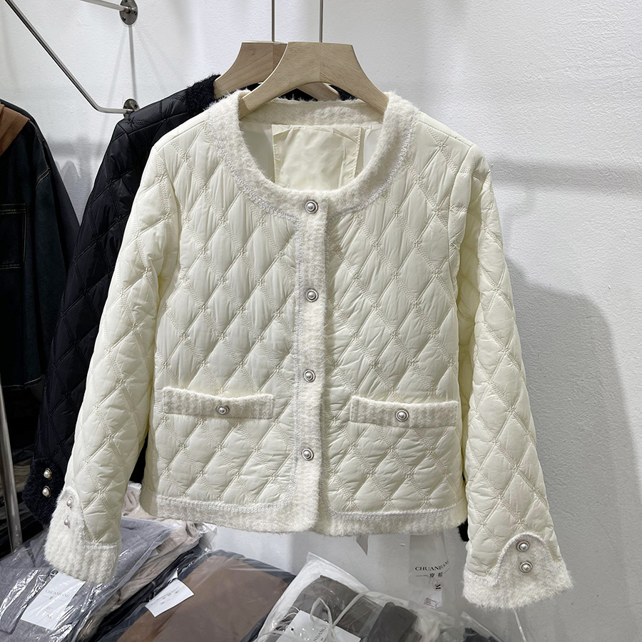 2023 Autumn New C Diamond Grid Mink Wool Splice Small Fragrance Cotton Coat Women's Short Lightweight Cotton Coat Coat