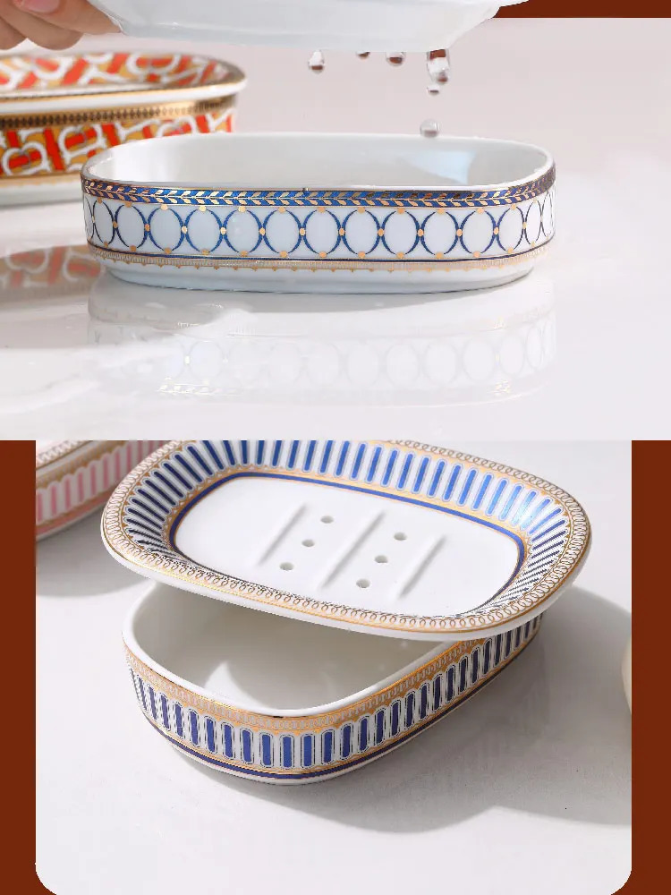 Soap Dishes Nordic Home And el Gold Inlay Double Layer Soap Holder Bathroom Ceramic Soap Dish With Drain Porte Savon 231024