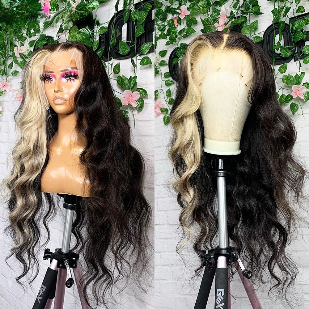 Brazillian Human Hair Full Body Wave Lace Front Wigs Blonde Highlights Wig for Women Brown Roots HD Lace Ombre Synthetic Front Wig Preplucked