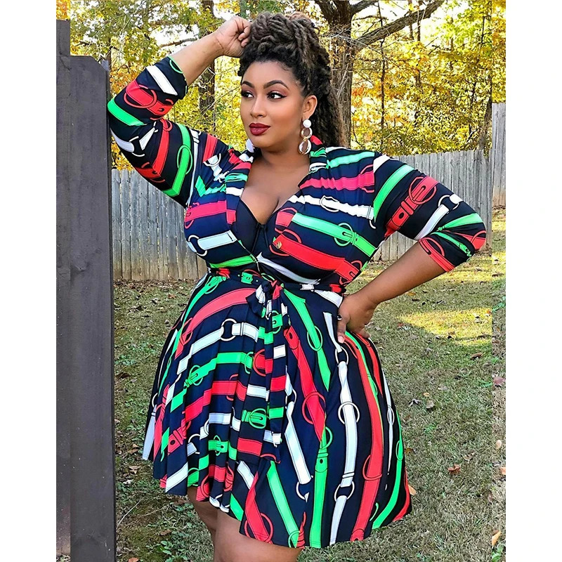 Women s Plus Size T Shirt Elegant Dress Spring and Autumn Oversized Graphic Print Long Sleeve V Neck High Stretch Drawstring 231025