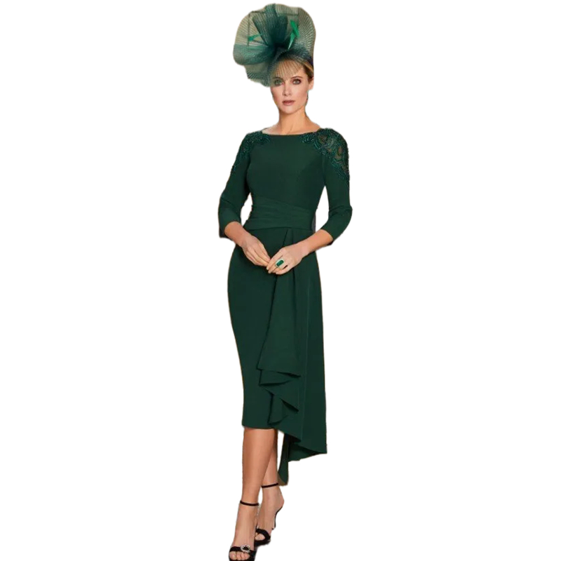 Elegant Hunter Green Mother Of The Bride Dresses Sheath Tea Length Long Sleeves Wedding Guest Gowns Women Simple Prom Party Wear Evening Dress