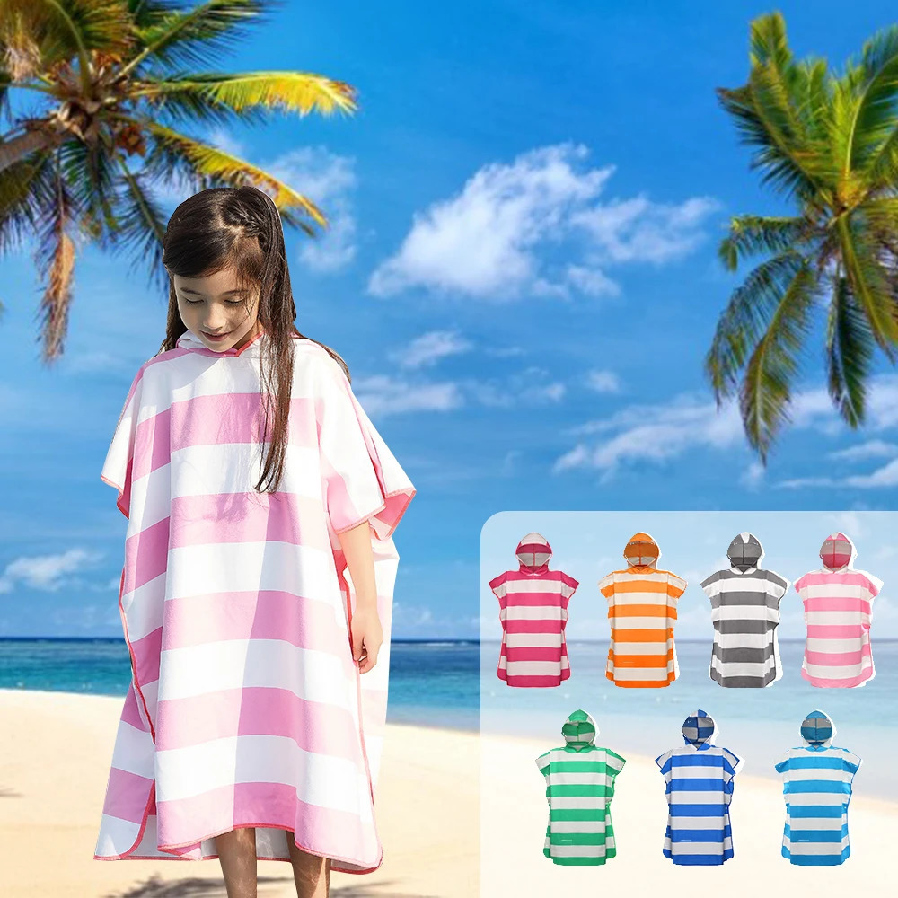 Towels Robes Stripe Printied Microfiber Beach Towel Kids Changing Robe Poncho Lightweight Quick Dry Hooded Bathrobe for Surf Beach Swimmers 231024
