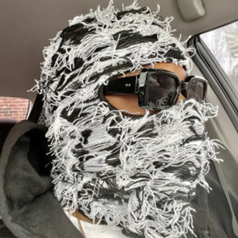 Beanie Skull Caps Balaclava Beanies Men Hat for Outdoor Camouflage Fleece Fuzzy Y2K Ski Hip Pop Distressed Knitted Full Face Mask 2023 231025