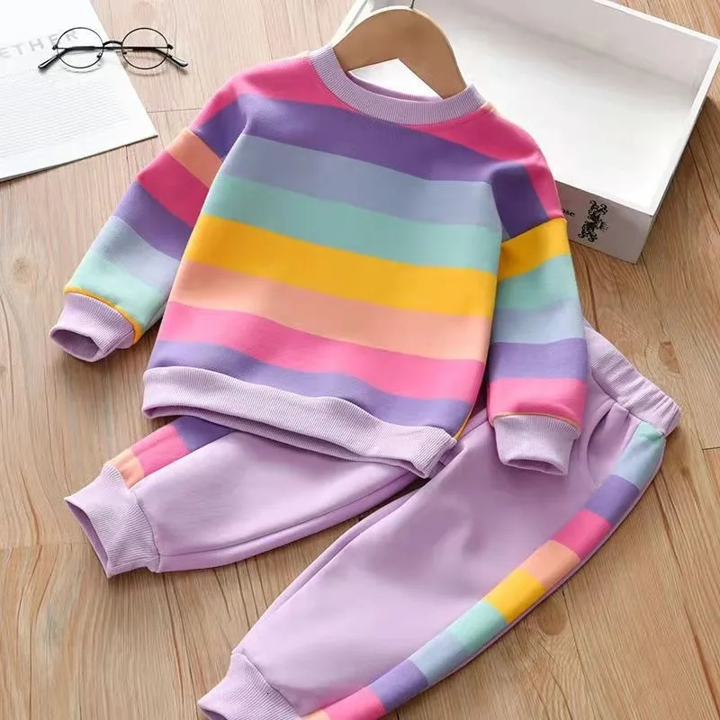 Clothing Sets Men's T-Shirts Girls Clothes Set Spring and Autumn Children's Fashion Sweater Pants 2-piece Suits for Girls Baby Stripe Sports