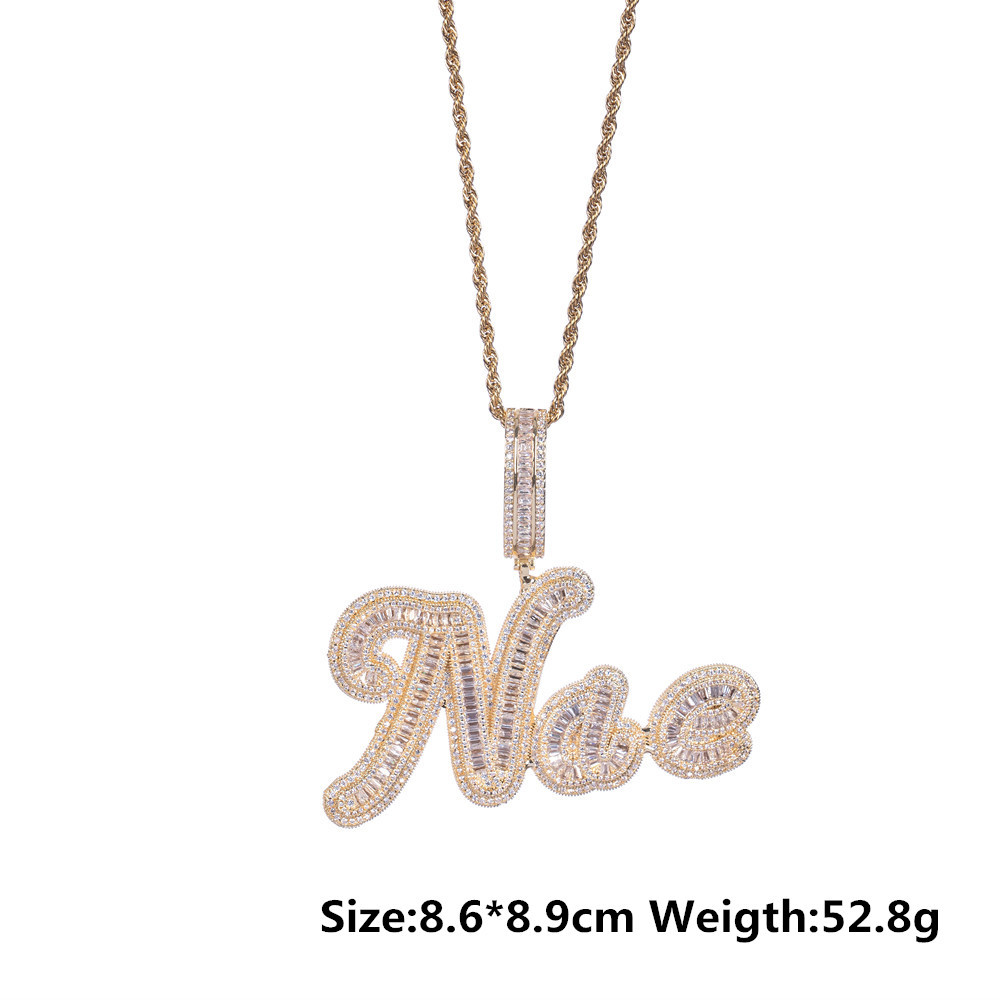 Custom Baguette CZ Cursive Letter Name Pendant Iced Out Cubic Zirconia Personalized Chain Necklace Hiphop Letters Jewelry