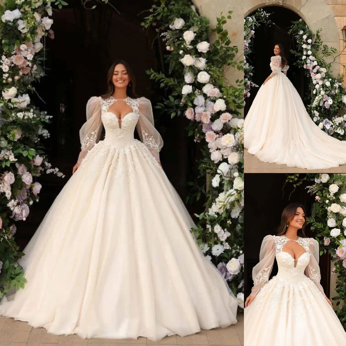 Elegant Lace A-Line Wedding Dress Classic 3D-Appliques Sexy V-Neck Ball Gown Tulle Brush Train Bridal Gowns Dress Customized D-H23515