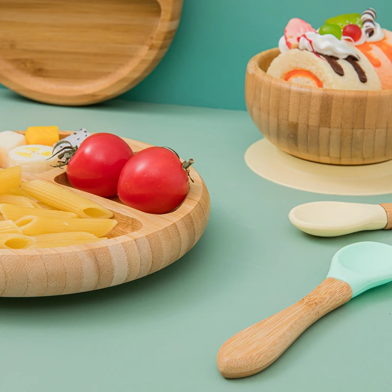 Cups Dishes Utensils 2Pcs Baby Wooden Partition Feeding Tableware Set Toddles Soild Food Feeding Spoon Dish Plate with Suction Cup Children's Stu