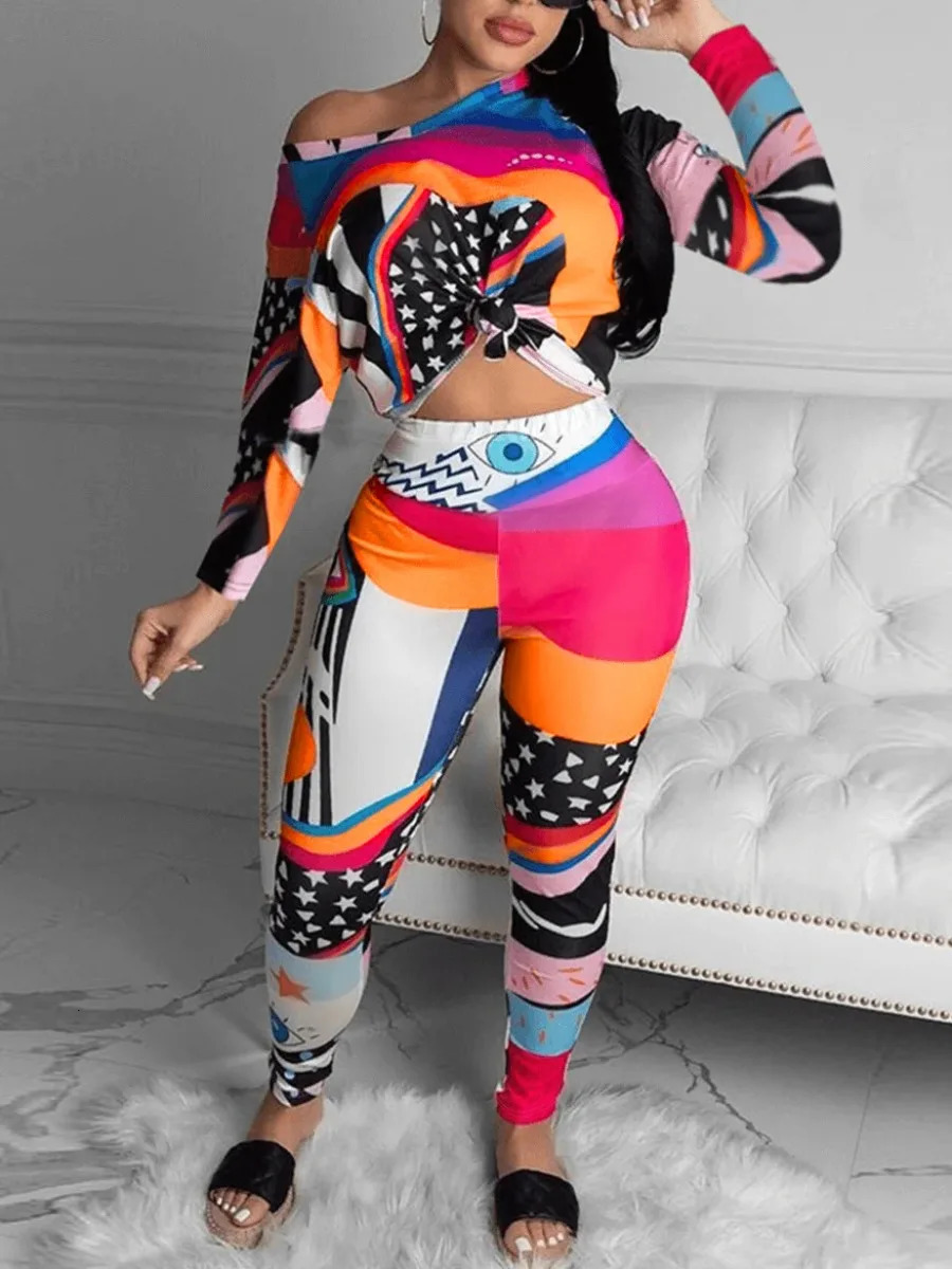 Women s Two Piece Pants LW Plus Size Women Printed Slim Set Eye Star Mixed Print Round Neck Daily Casual Long Sleeve Matching 231025