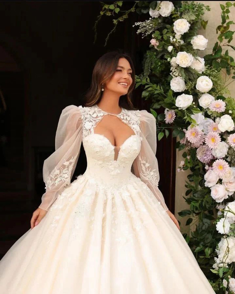 Elegant Lace A-Line Wedding Dress Classic 3D-Appliques Sexy V-Neck Ball Gown Tulle Brush Train Bridal Gowns Dress Customized D-H23515