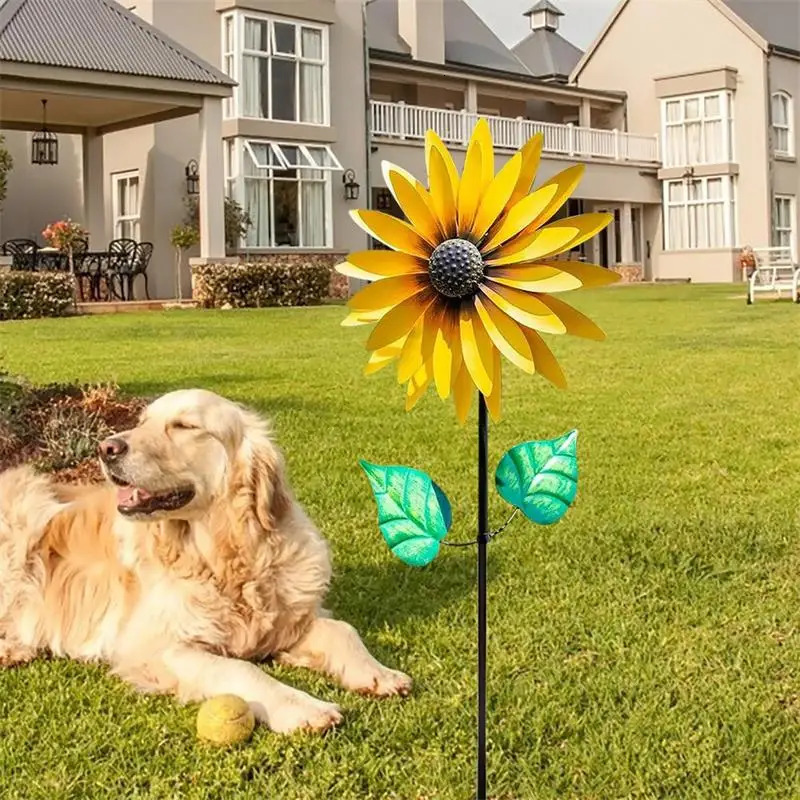 Garden Decorations Sunflower Windmill Metal Rotating Sunflower Wind Spinner With Stake Standing Lawn Flower Pinwheel Outdoor Garden Decor Kids Toy 231