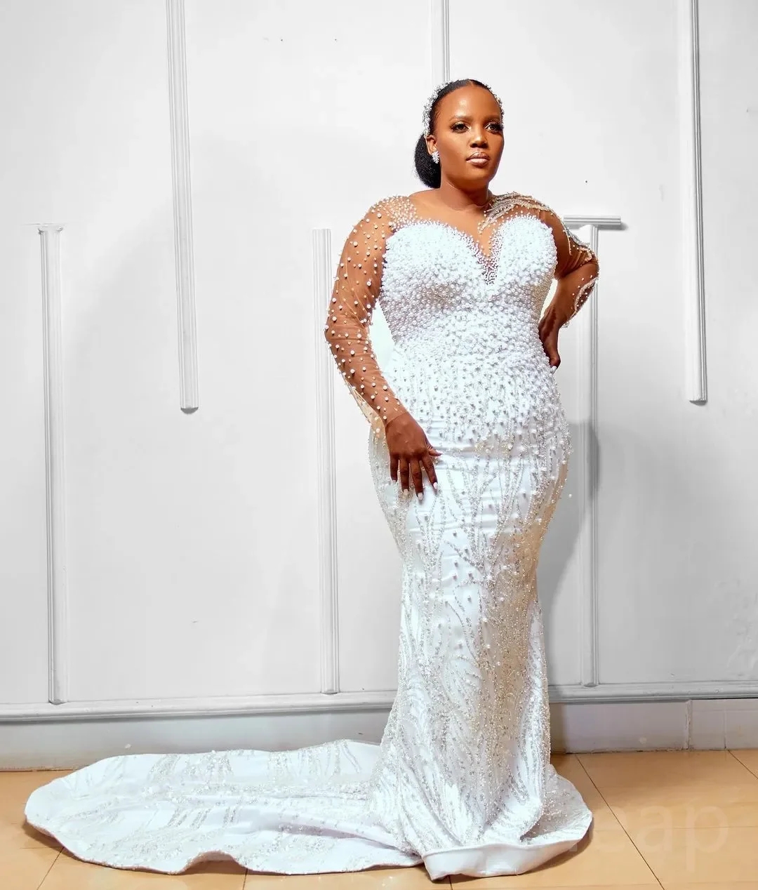 Mermaid African Women Wedding Dress Long Illusion Sleeves Pearls Sequin Lace Satin Bridal Gowns Vestidos De Noiva Abiti Da Sposa