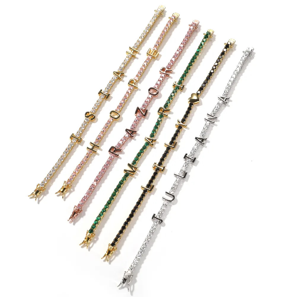 Bangle THE BLING KING Custom Name Letter 3mm Tennis Chain Bracelet Iced Out Colorful Cubic Zirconia DIY Hiphop Jewelry For Gift 231025